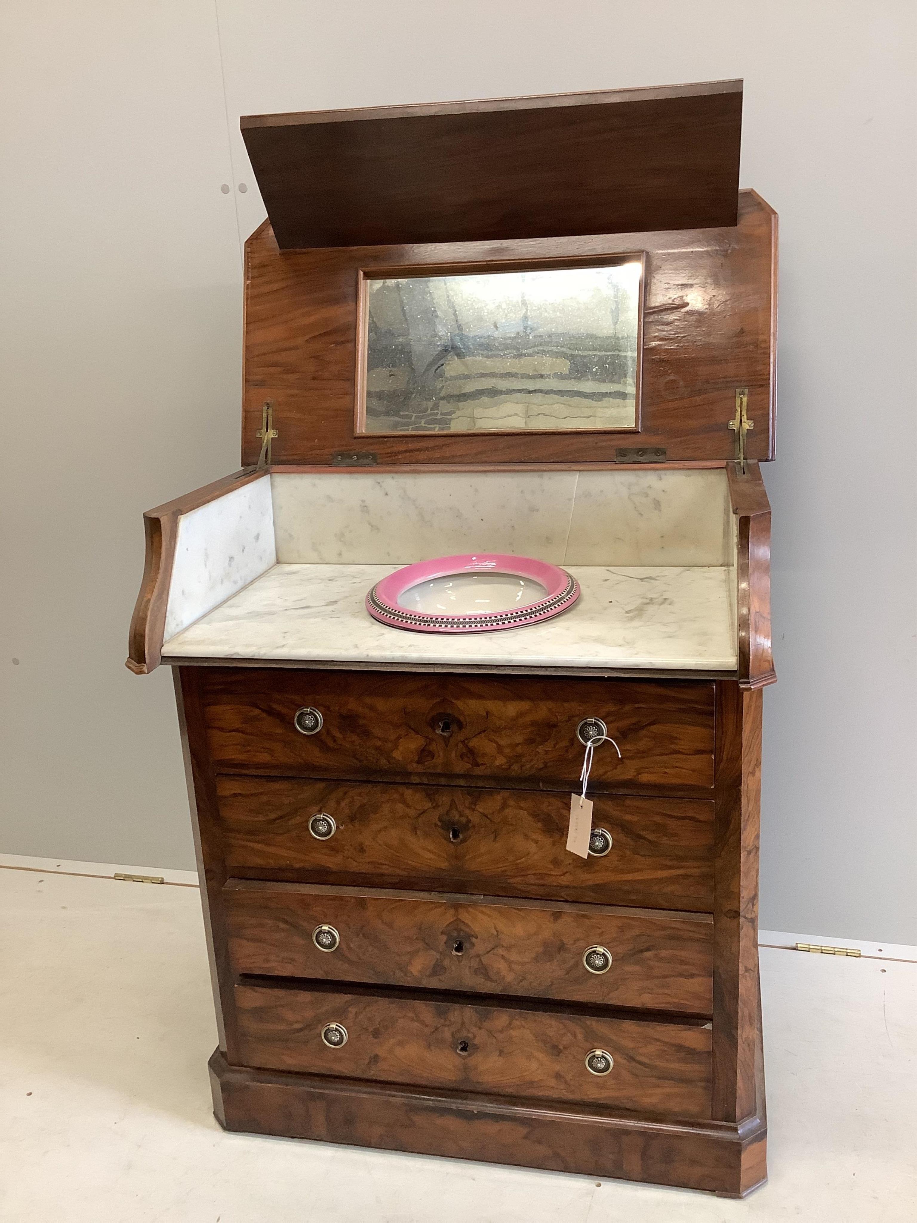 A 19th century French figured walnut enclosed washstand, width 80cm, depth 44cm, height 95cm. Condition - poor to fair